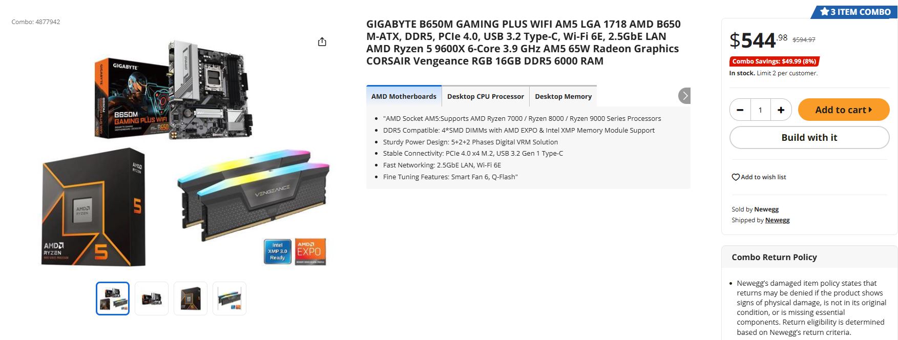 The image shows a combo deal on Newegg featuring a GIGABYTE B650M Gaming Plus WiFi motherboard, AMD Ryzen 5 9600X CPU, and Corsair Vengeance RGB 16GB DDR5 RAM for $544.98, with a savings of $49.99.