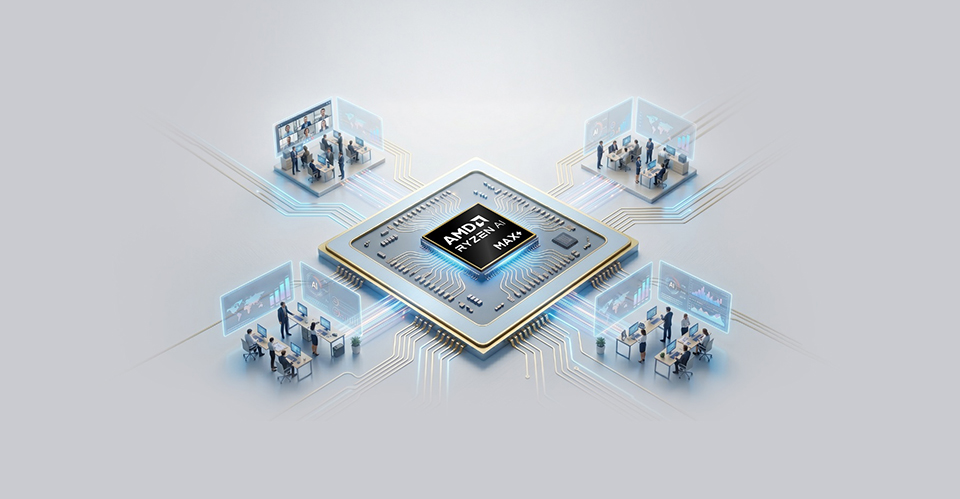 An AMD Ryzen AI Max chip is centrally featured, surrounded by digital holograms depicting business and communication activities.