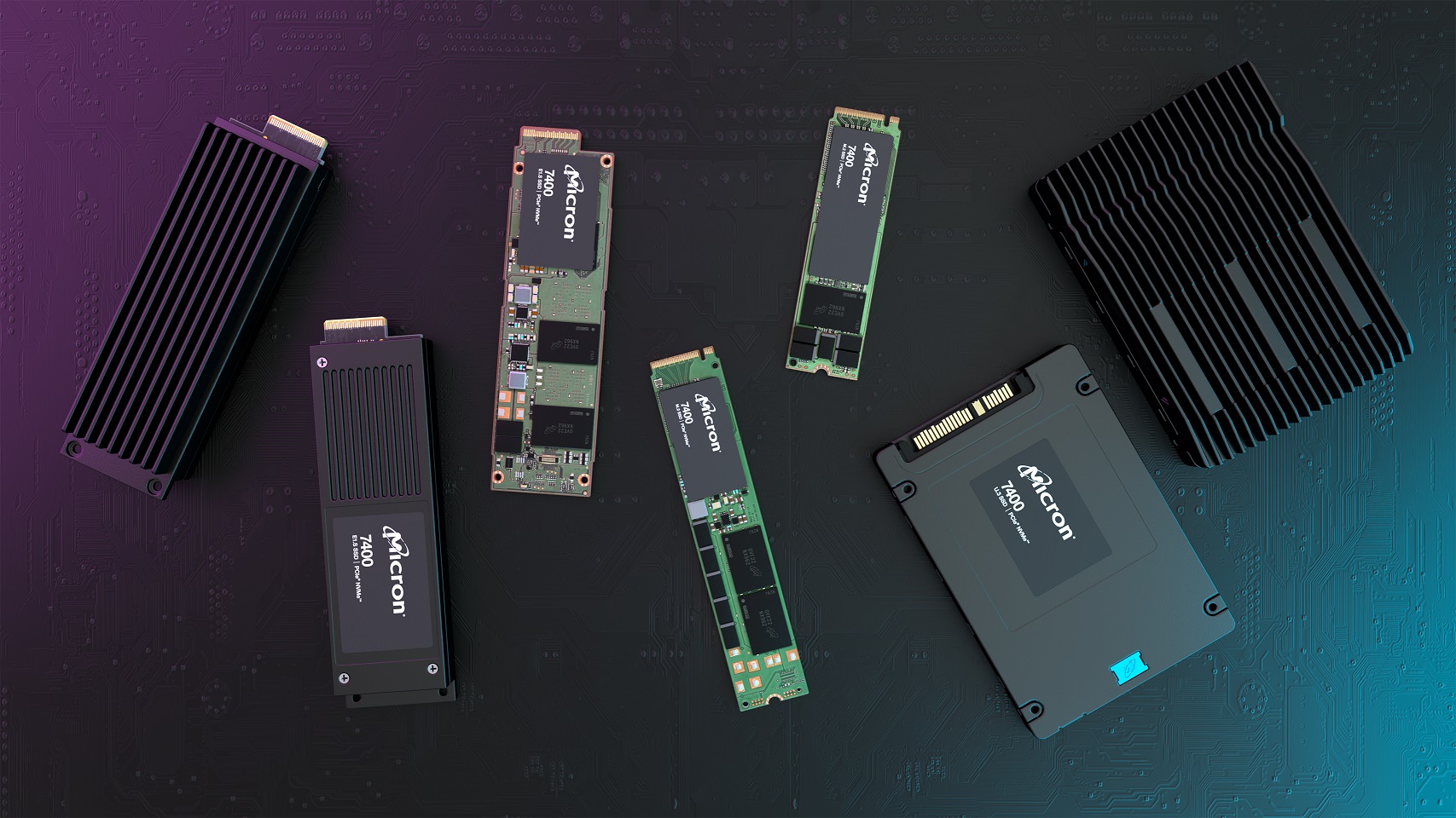 A selection of Micron 7400 NVMe PCIe Gen4 SSDs displayed on a circuit-themed backdrop.