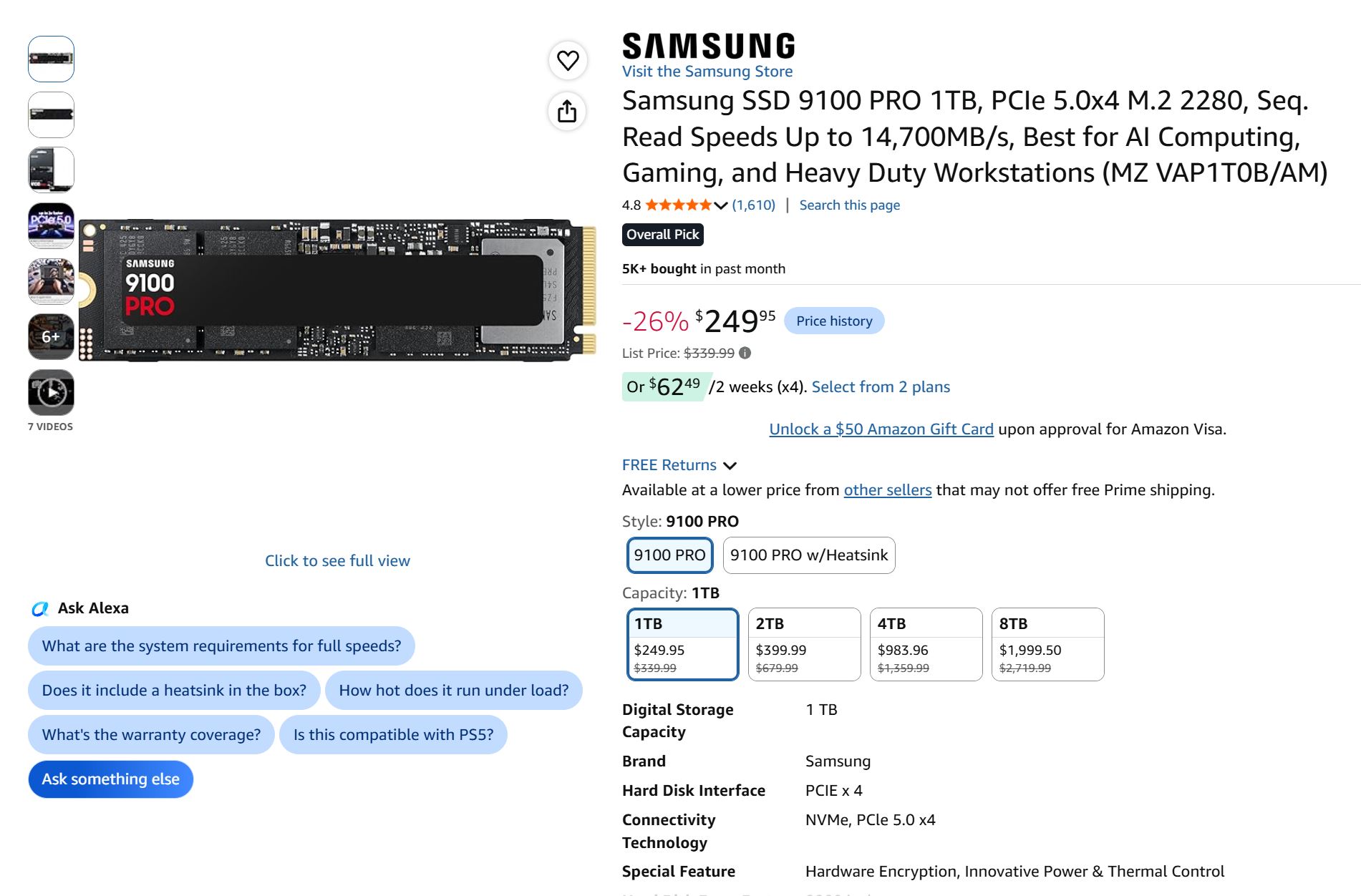 An advertised Samsung SSD 9100 PRO 1TB with PCIe 5.0x4 M.2 2280 interface is shown, featuring a discounted price of $249.95 and a read speed of up to 14,700MB/s.