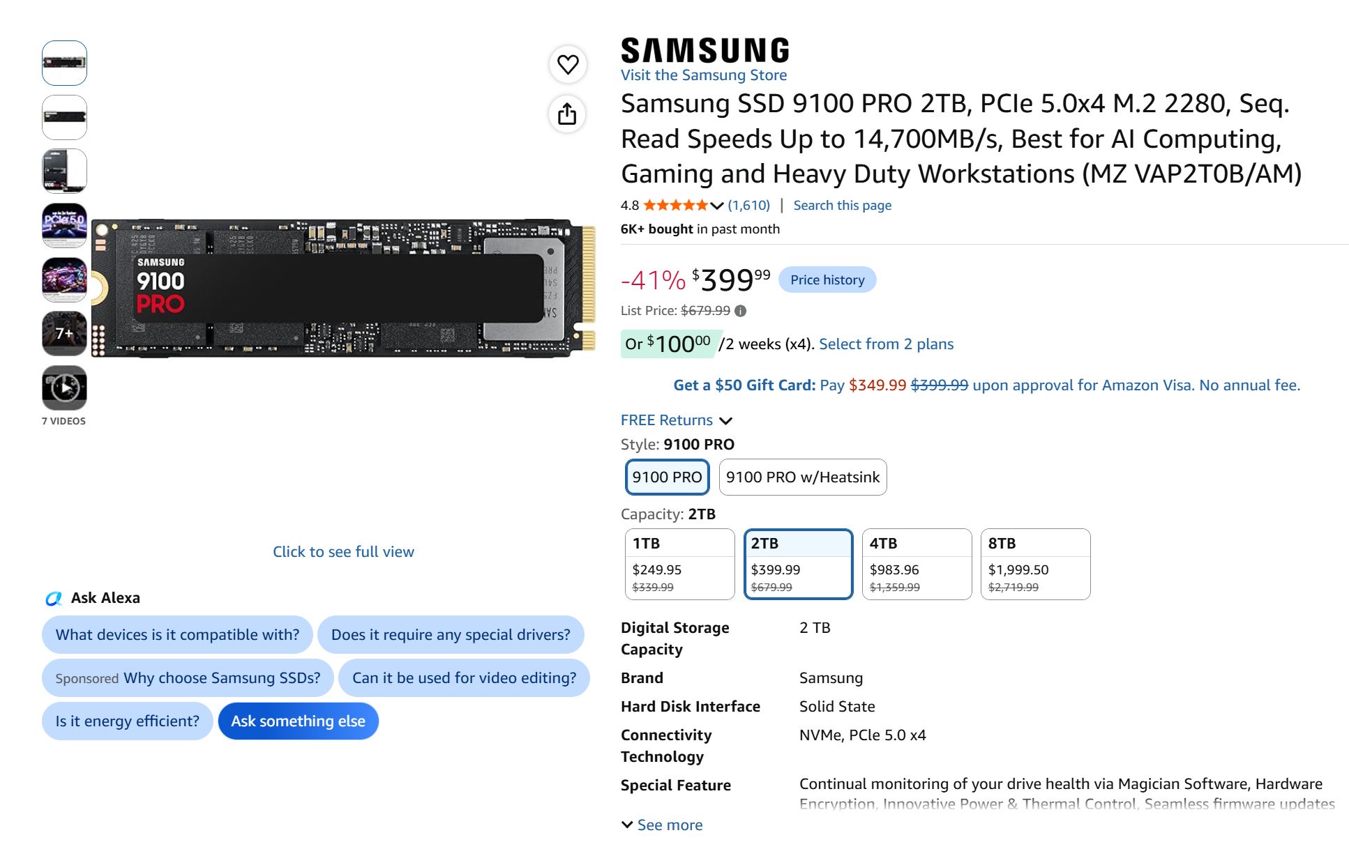 A Samsung SSD 9100 PRO 2TB with PCIe 5.0x4 M.2 2280 interface is displayed with a price of $399.99, featuring a sequential read speed up to 14,700MB/s, suitable for AI computing and heavy-duty workstations.