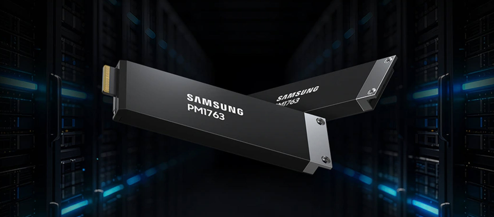 Two Samsung PM1763 SSDs depicted in a dimly lit server room.