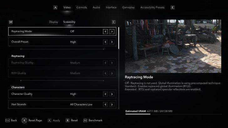 A game settings menu displays 'Raytracing Mode: Off' and 'Overall Preset: High', with a scene showing a market area and 'Estimated VRAM 6211 MB / 24138 MB'.