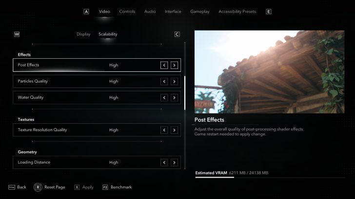 A video game settings menu showing options for 'Post Effects,' 'Particles Quality,' 'Water Quality,' and 'Texture Resolution Quality' all set to 'High,' with an 'Estimated VRAM' usage of 6211 MB out of 24138 MB displayed at the bottom.