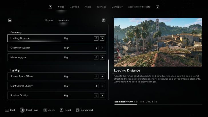 The screen shows video settings for a game with options like 'Loading Distance,' 'Geometry Quality,' and 'Micropolygon' all set to 'High,' and an estimated VRAM usage of '6211 MB / 24138 MB.'
