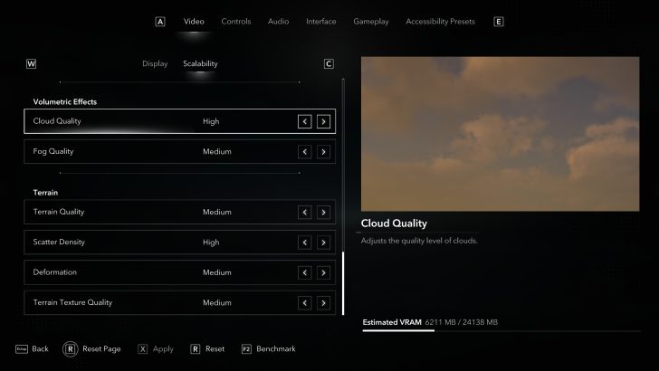 A game settings menu showing 'Cloud Quality' set to High, 'Fog Quality' at Medium, and 'Estimated VRAM' usage displayed as 6211 MB / 24138 MB.