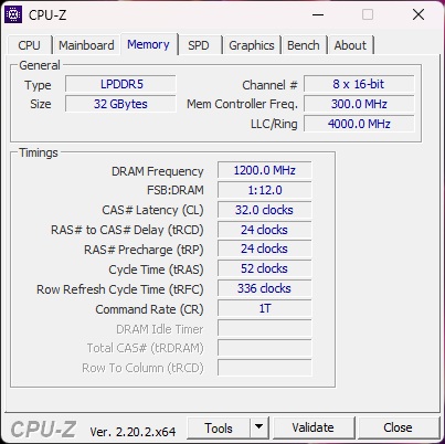 The CPU-Z application displays memory specifications, showing LPDDR5 RAM with 32 GB size, a DRAM frequency of 1200.0 MHz, and CAS latency of 32.0 clocks.