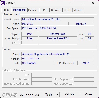 A CPU-Z window displays motherboard details, showing manufacturer Micro-Star International Co. Ltd., model MS-1T91, chipset Intel Panther Lake, and BIOS brand American Megatrends International LLC.