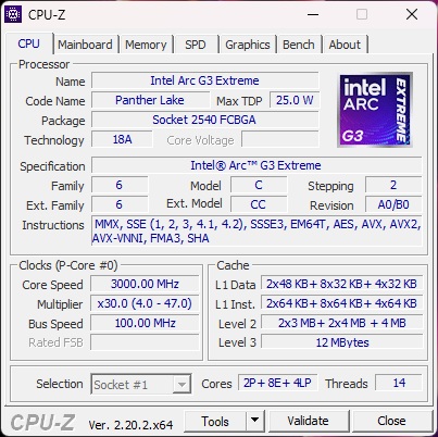 A CPU-Z window showing details of the Intel Arc G3 Extreme processor with a code name 'Panther Lake' and a clock speed of 3000.00 MHz.