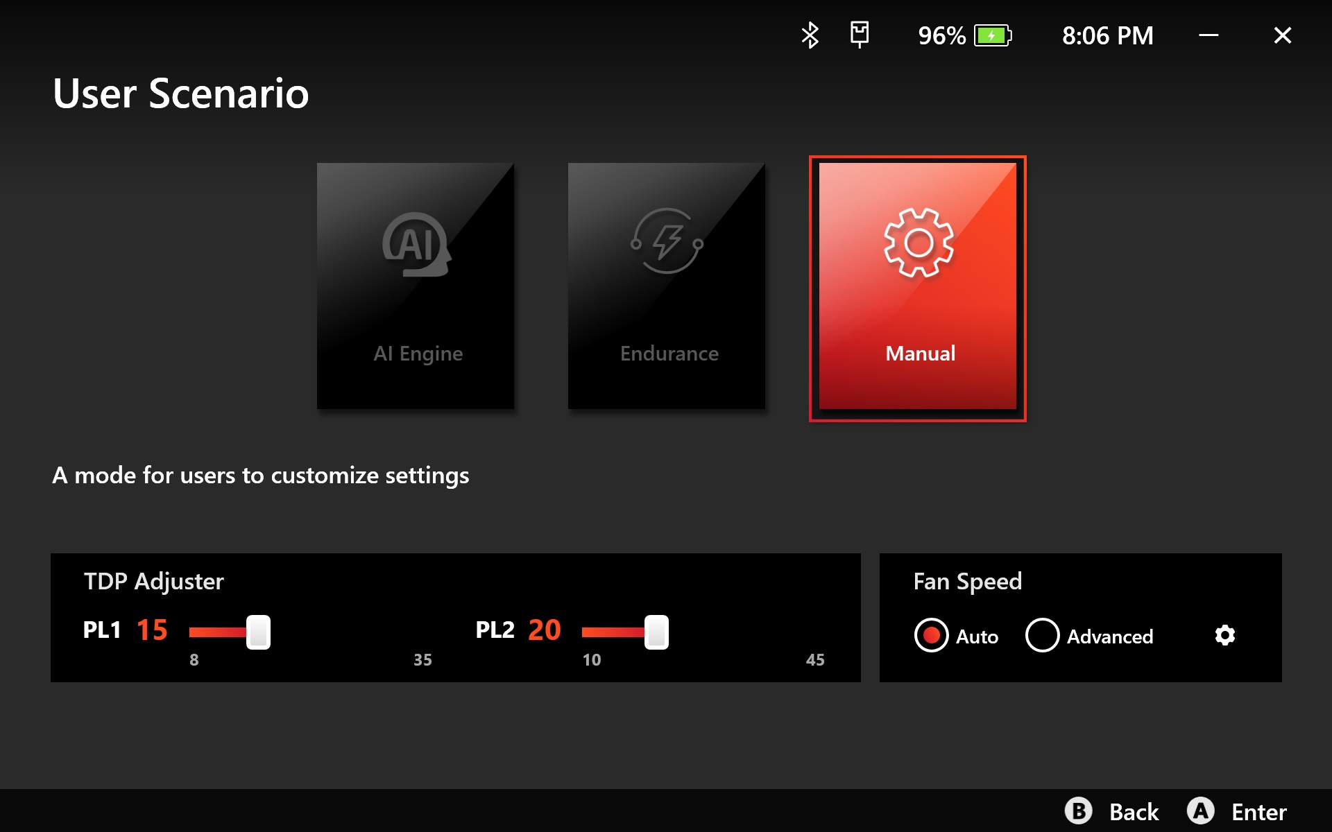 A settings interface titled 'User Scenario' displays three options: 'AI Engine,' 'Endurance,' and a highlighted 'Manual' mode with customization for 'TDP Adjuster' and fan speed settings.