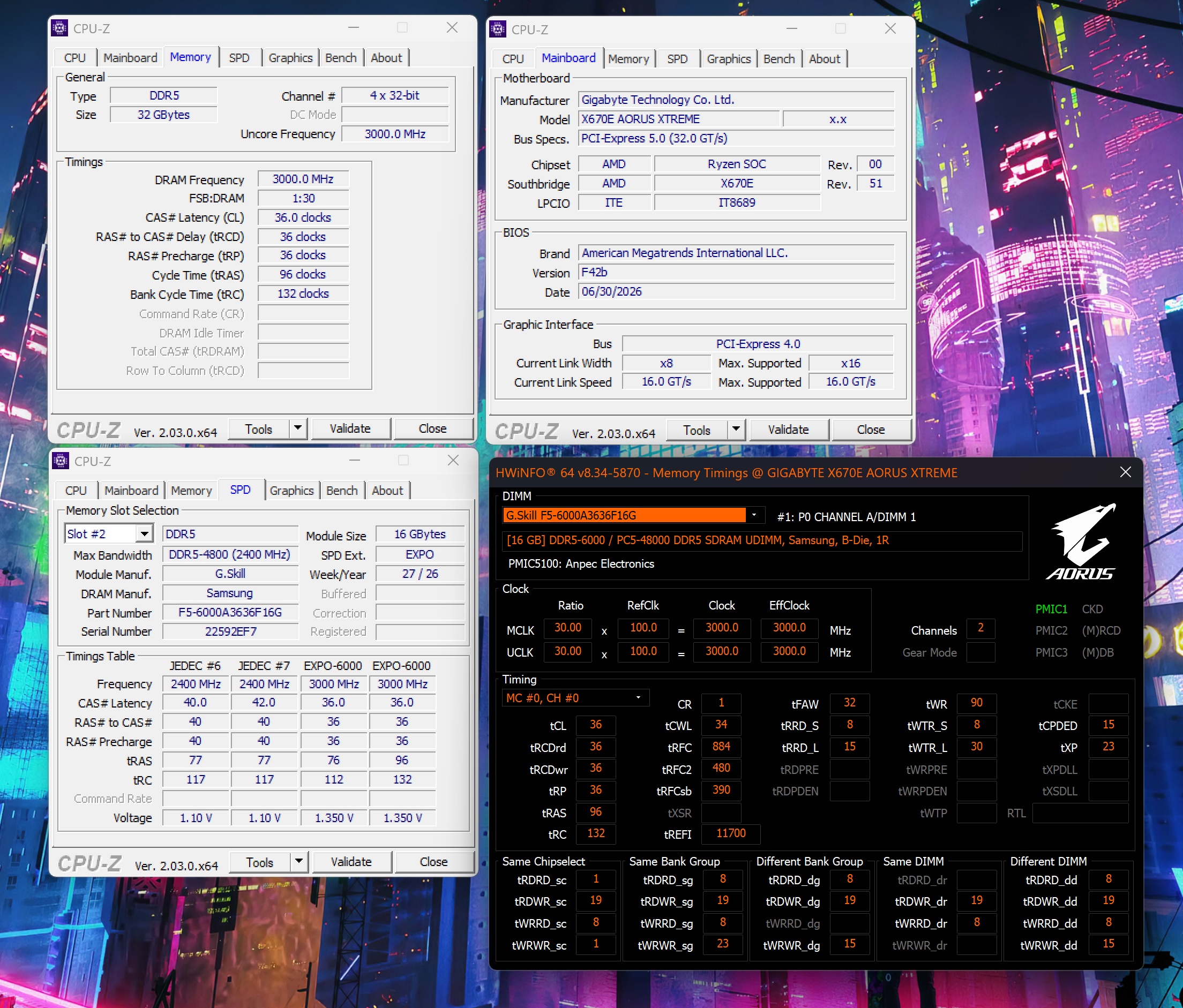 CPU-Z and HWiNFO software display specifications for a G.Skill F5-6000J3636F16GX memory module and Gigabyte X670E Aorus Xtreme motherboard with DDR5 memory running at 3000.0 MHz.