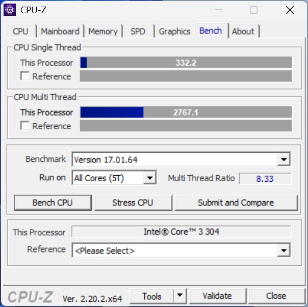 The CPU-Z benchmark screen shows an Intel Core i3 304 with a single-thread score of 332.2 and a multi-thread score of 2767.1 on version 17.01.64.