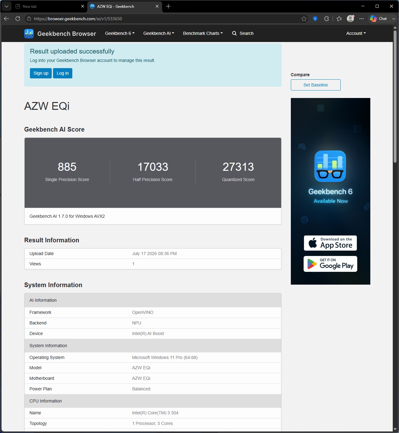 A screenshot from Geekbench Browser shows the AZW EQi achieving a 'Single Precision Score' of 885, 'Half Precision Score' of 17033, and 'Quantized Score' of 27313, running 'Geekbench A.I 1.7.0 for Windows AVX2'.