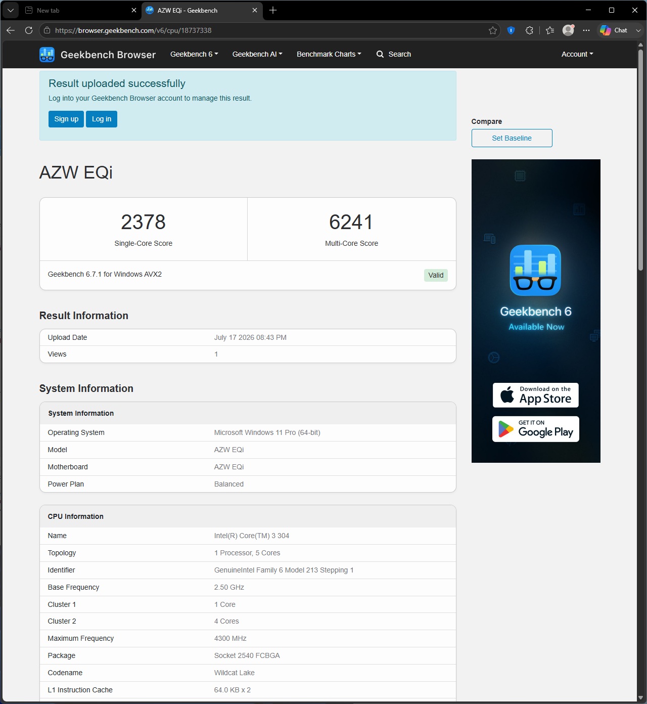 A Geekbench 6.7.1 for Windows AVX2 benchmark result for 'AZW EQi' shows a single-core score of 2378 and a multi-core score of 6241, with the system running on Microsoft Windows 11 Pro and using an Intel(R) Core(TM) i3 304 processor.