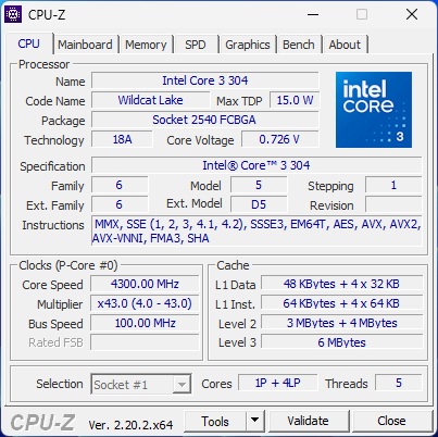 A CPU-Z window displays specifications for the Intel Core 3 304, showing details like '4300.00 MHz' core speed and '15.0 W' max TDP.