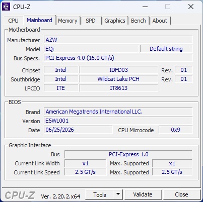 A screenshot of the CPU-Z software Mainboard tab shows an AZW motherboard with an EQi model and an Intel IDFD03 chipset, running BIOS version E5WL001 from American Megatrends International LLC.