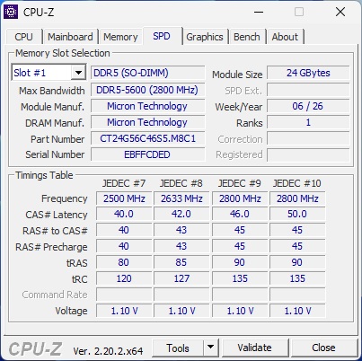 The CPU-Z application displays DDR5 memory details with a module size of 24 GBytes, manufactured by Micron Technology, and a max bandwidth of DDR5-5600 (2800 MHz).