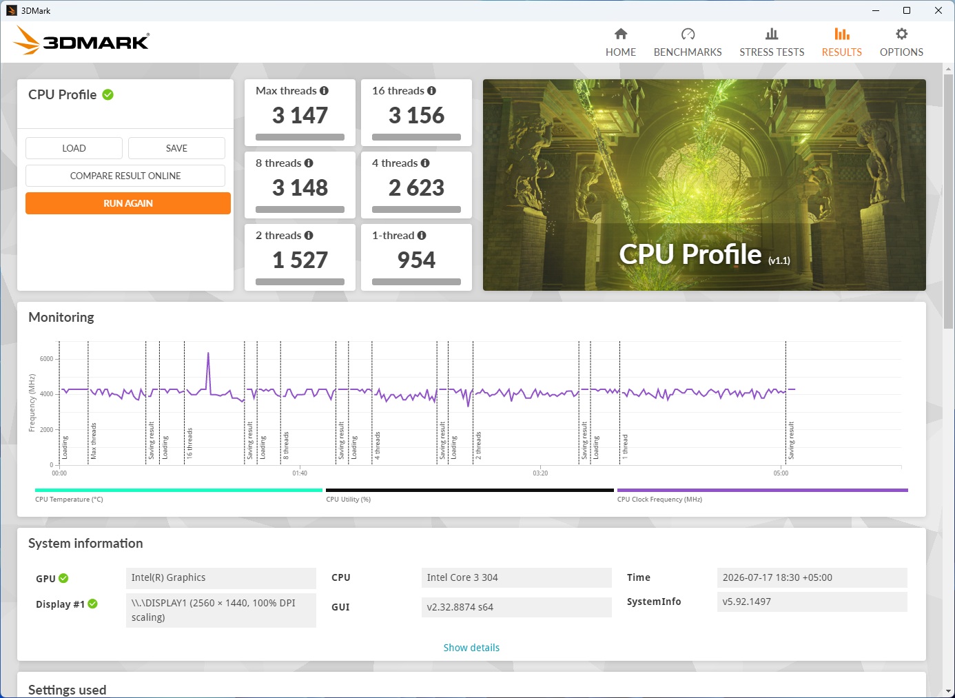 A screenshot of the 3DMark 'CPU Profile' test shows scores for various thread counts, with a max threads score of 3,147, running on an Intel Core i3-304 CPU with Integrated Intel Graphics, displayed at 2560 x 1440 resolution.