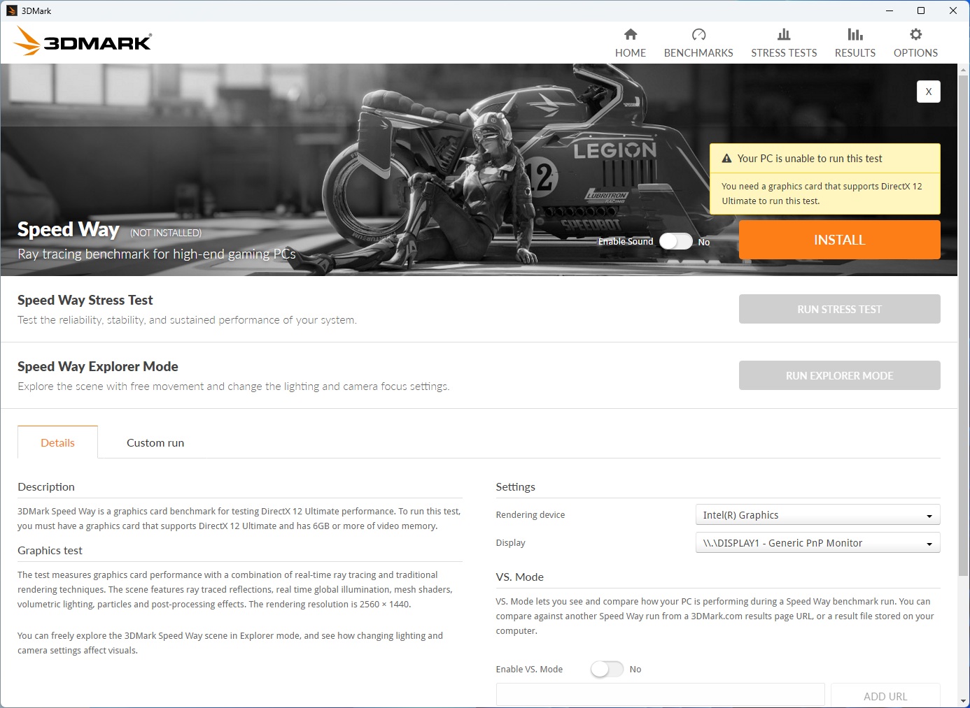 A 3DMark window displays 'Speed Way,' a ray tracing benchmark for high-end gaming PCs, with a notification stating 'Your PC is unable to run this test.'