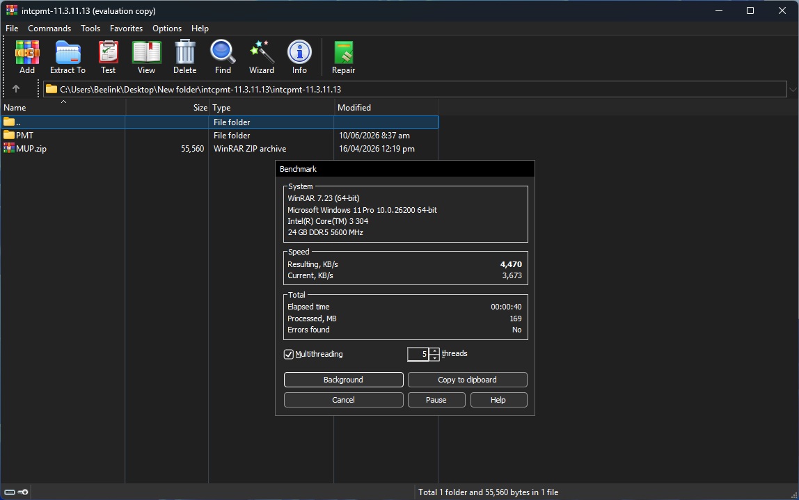 A WinRAR 7.23 benchmark on a Microsoft Windows 11 Pro system with an Intel Core i3 304 and 24 GB DDR5 5600 MHz shows a resulting speed of 4,470 KB/s.