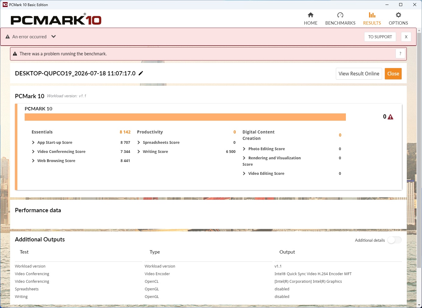 The PCMark 10 Basic Edition screen shows an error message 'There was a problem running the benchmark' with an Essentials score of 8,142, Productivity score of 0, and Digital Content Creation score of 0, while additional outputs note Intel(R) Quick Sync Video and Intel(R) Graphics as components.