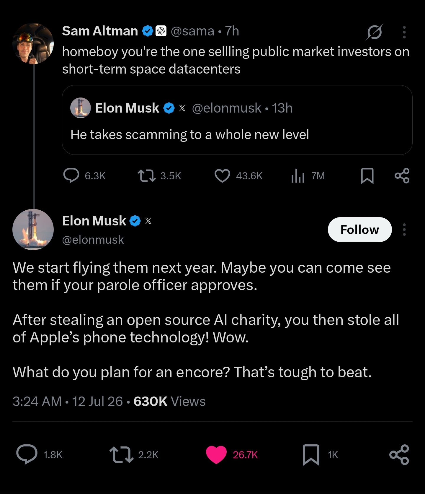 A Twitter exchange between Sam Altman and Elon Musk shows Musk accusing Altman of stealing technology, with Altman responding about short-term space datacenters.