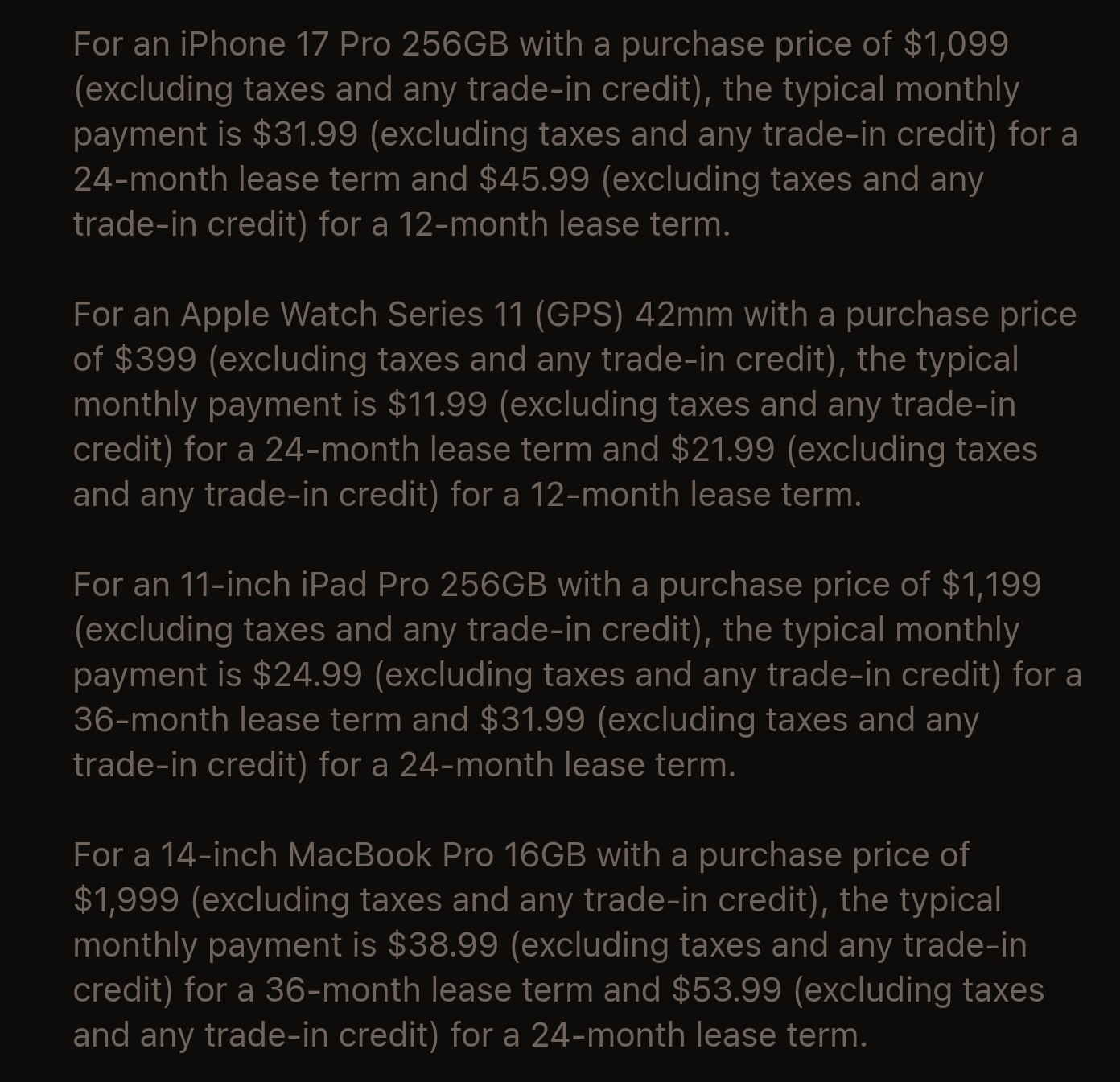 Text lists payment terms for iPhone 17 Pro 256GB, Apple Watch Series 11 (GPS) 42mm, 11-inch iPad Pro 256GB, and 14-inch MacBook Pro 16GB, showing prices and monthly payments for various lease terms.