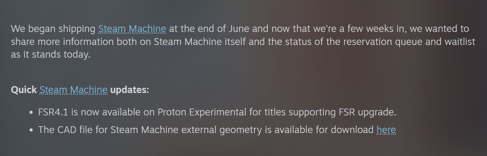 The image shows a text update about the Steam Machine, stating FSR4.1 is available on Proton Experimental and noting a CAD file for the Steam Machine's geometry is available for download.