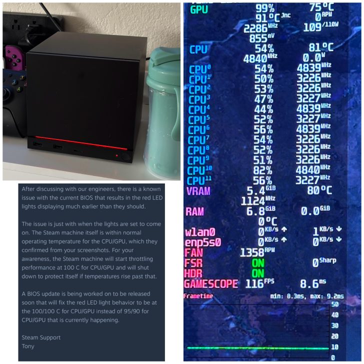 A black compact Steam Machine with a red LED light is placed next to a light blue water bottle, and a performance overlay shows various CPU core speeds and temperatures with HDR and FSR settings 'ON'.