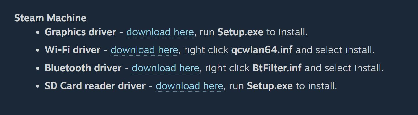 A list of Steam Machine drivers includes download links and installation instructions for graphics, Wi-Fi, Bluetooth, and SD card reader drivers.
