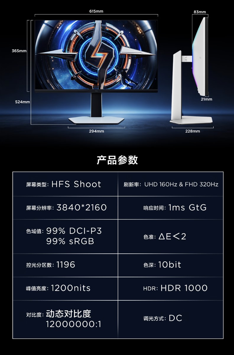 The image shows a monitor labeled 'HFS Shoot' displaying a futuristic graphic with dimensions and specifications listed, including a resolution of 3840x2160, 99% DCI-P3 color gamut, 1ms GtG response time, and HDR 1000 support.