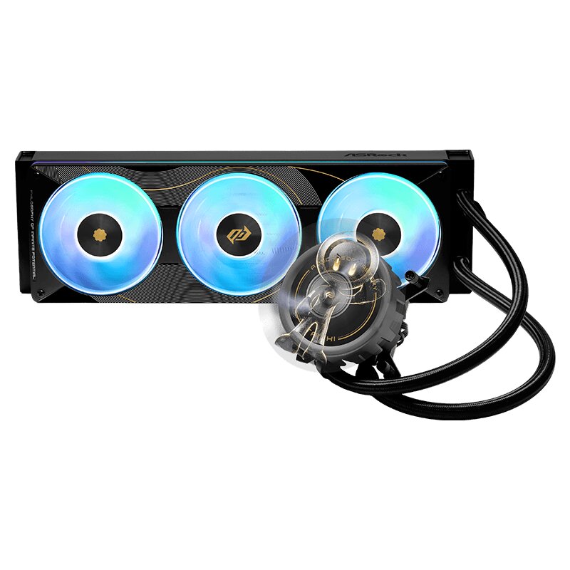 An ASRock Phantom Gaming water cooling unit with three RGB fans and a visible pump design is shown.