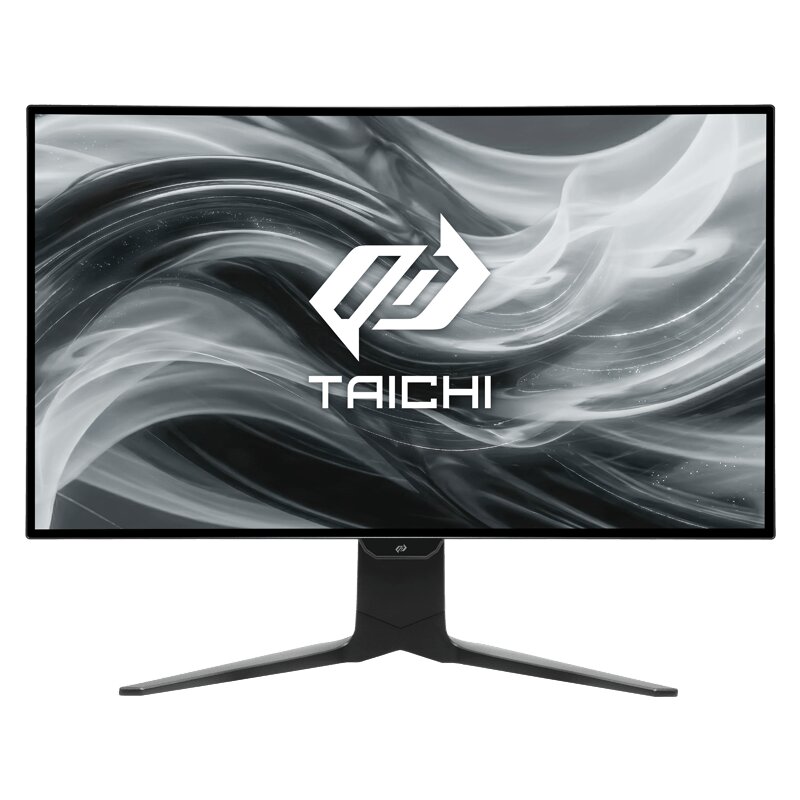 A monitor displaying the ASRock Taichi logo on a black and white swirl background.