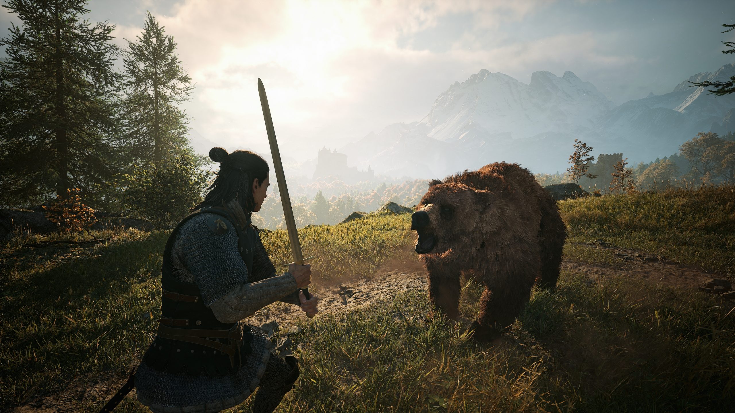 A character in 'Assassin's Creed Valhalla' facing a bear in a mountainous landscape.