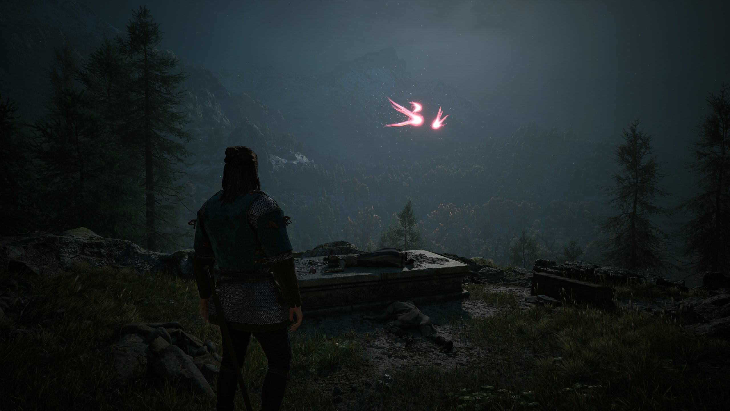 A character in 'Dragon Age: Dreadwolf' gazes at a mystical pink symbol floating in the sky over a forested landscape.