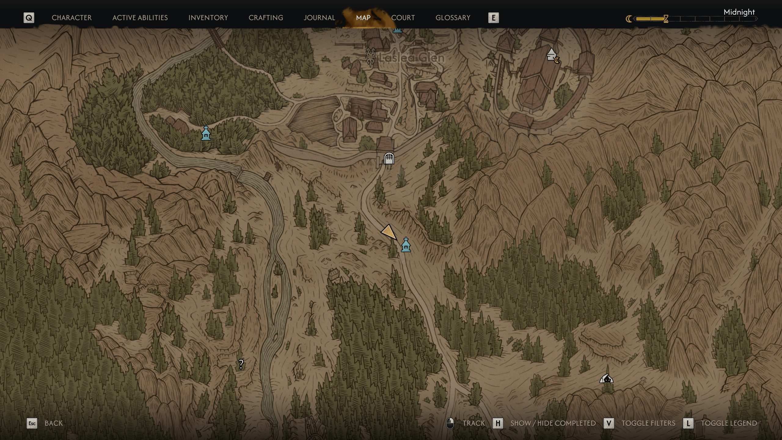 A map from the game 'Baldur's Gate 3' showing the area 'Last Light Inn' with highlighted locations and a user interface displaying 'Midnight' in the top right corner.