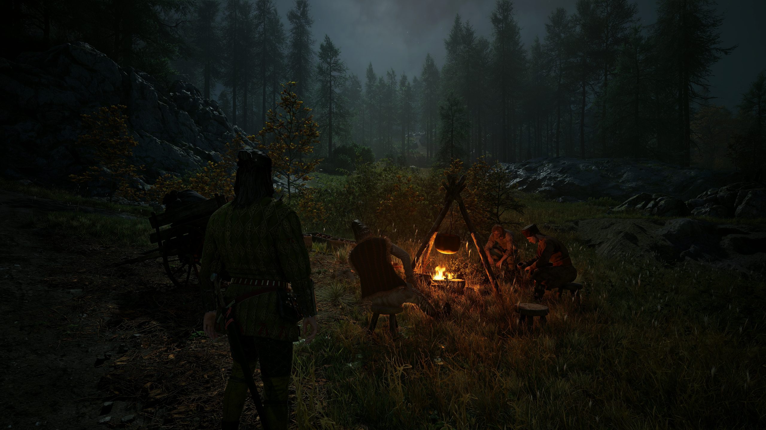 Three characters in a medieval setting gather around a campfire at night in a forested area in the game 'Witcher 3.'