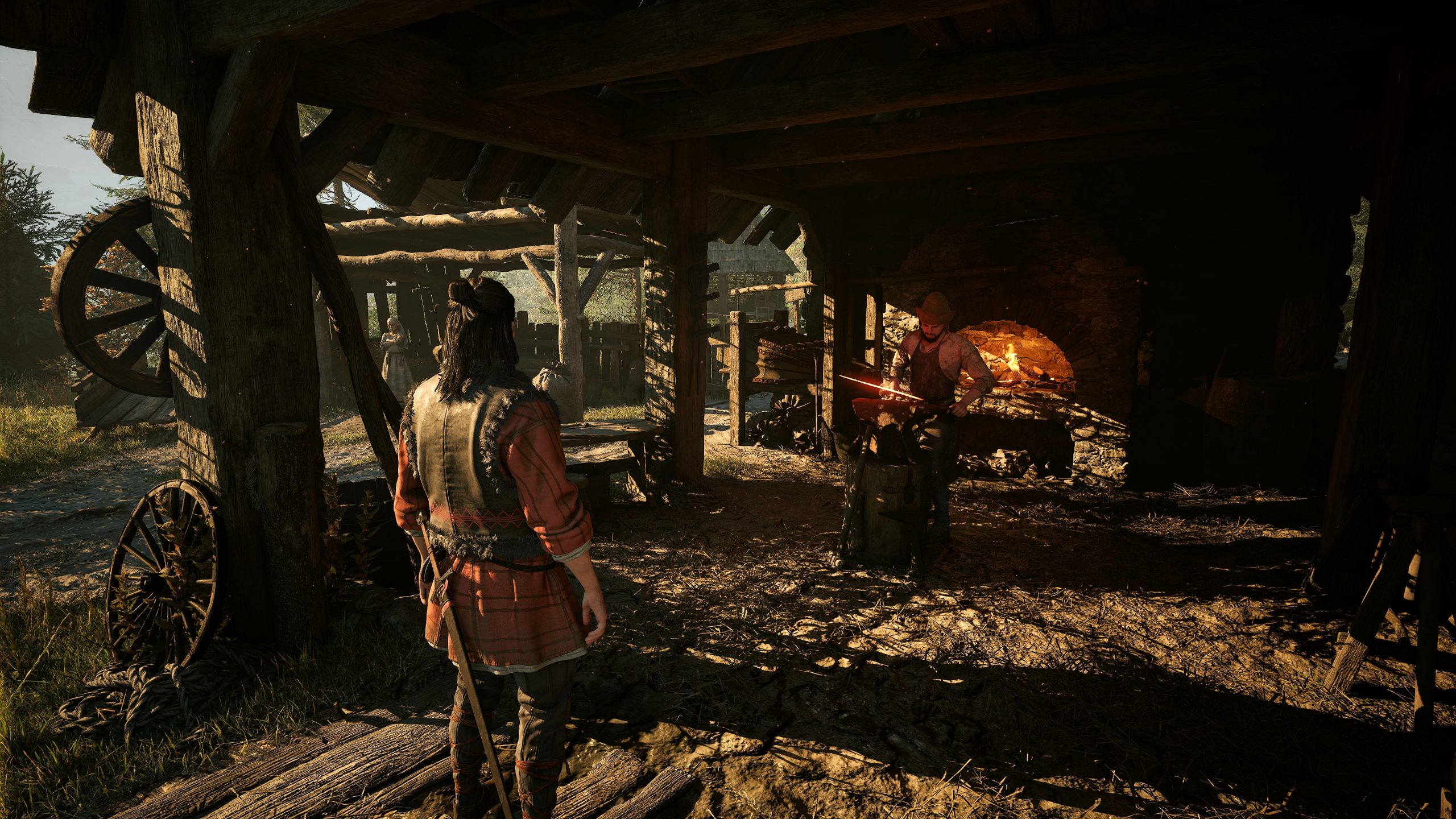A scene from 'Warhorse 2' shows a character approaching a busy blacksmith forging metal inside a rustic workshop.