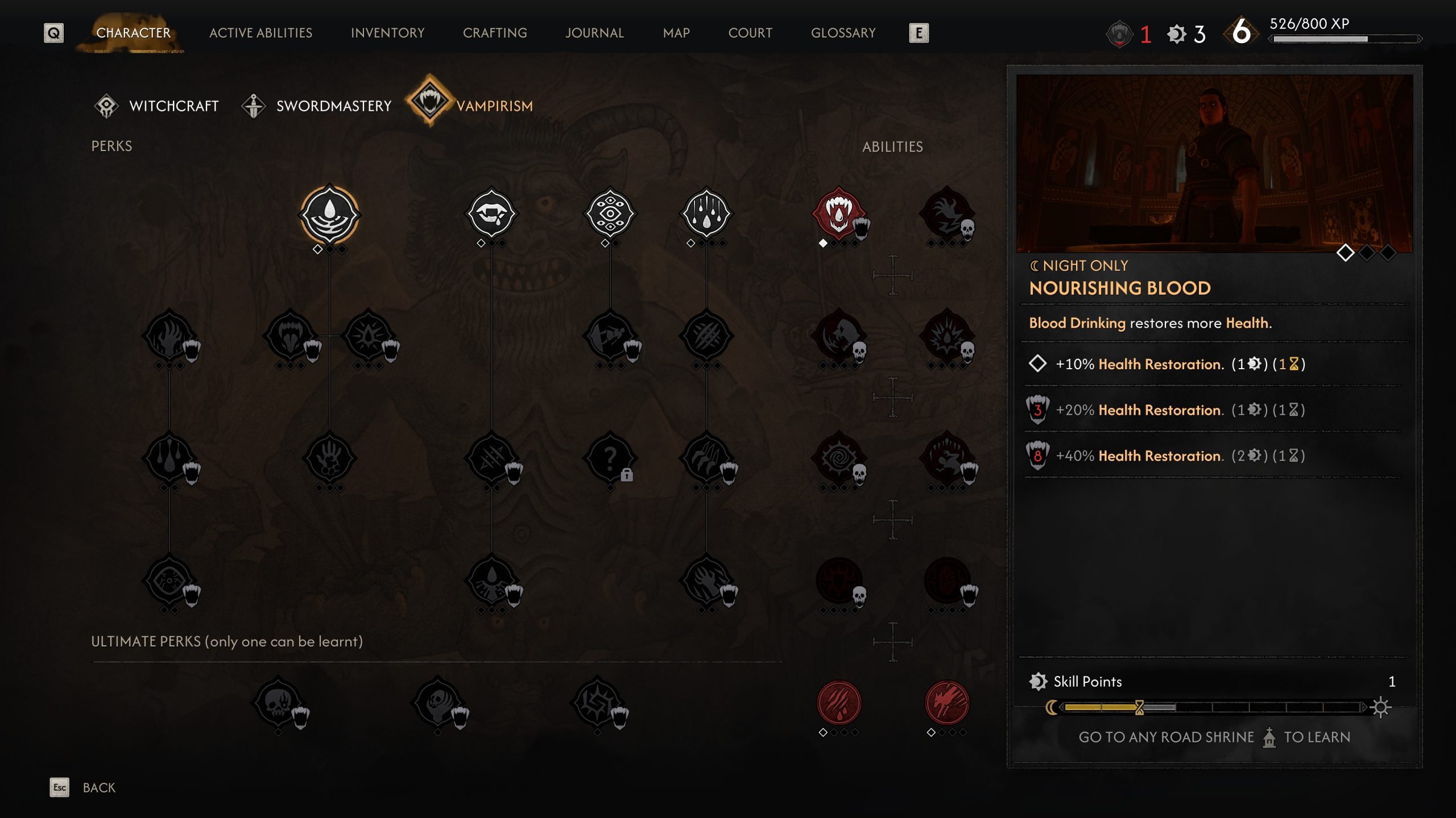 The image shows a character progression screen from a game, focusing on the 'VAMPIRISM' skill tree with the 'Nourishing Blood' ability highlighted, displaying incremental health restoration benefits and costs in a sidebar.