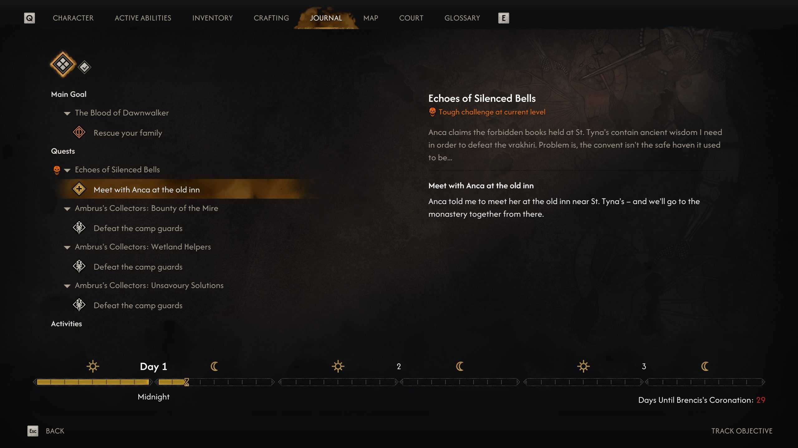 The game screen displays the 'Journal' section with a quest titled 'Meet with Anca at the old inn' under the main goal 'The Blood of Dawnwalker,' showing the current task details and time progression on Day 1.