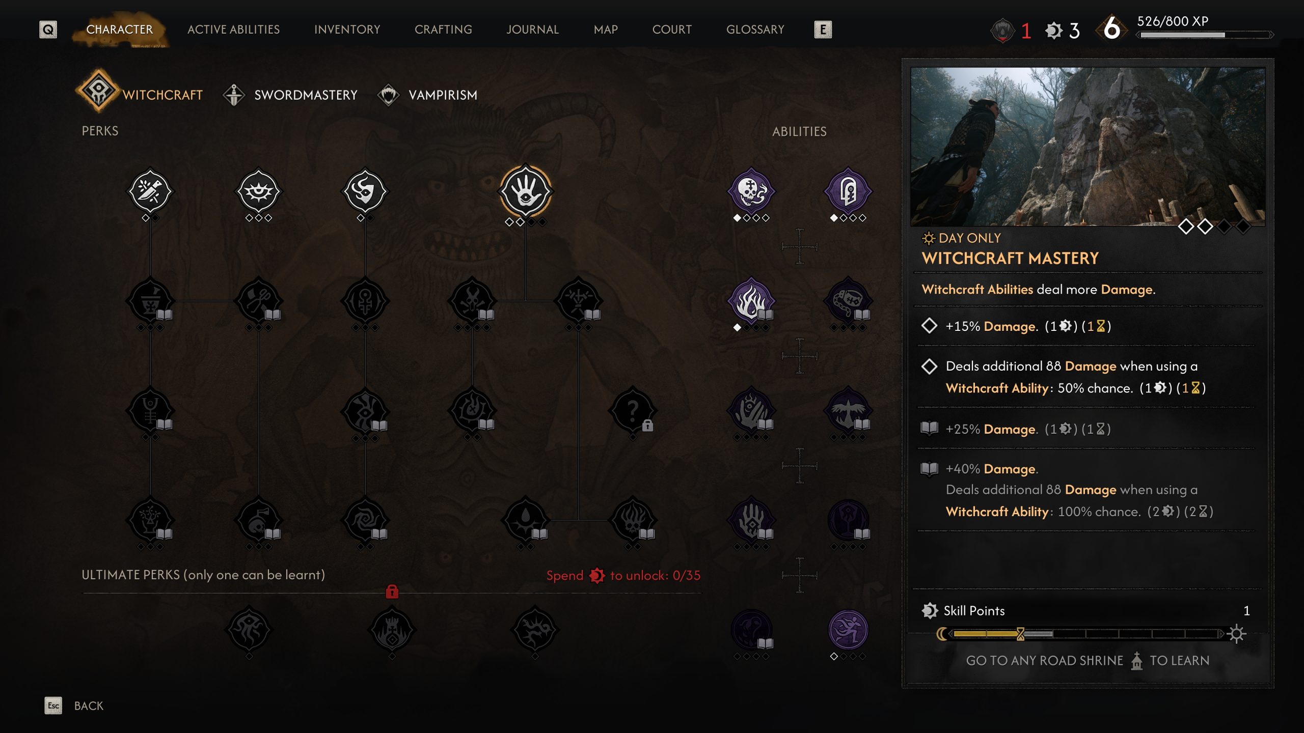A game interface shows the 'Witchcraft' skill tree with 'WITCHCRAFT MASTERY' details, highlighting increased damage abilities, and an available skill point for unlocking new perks.