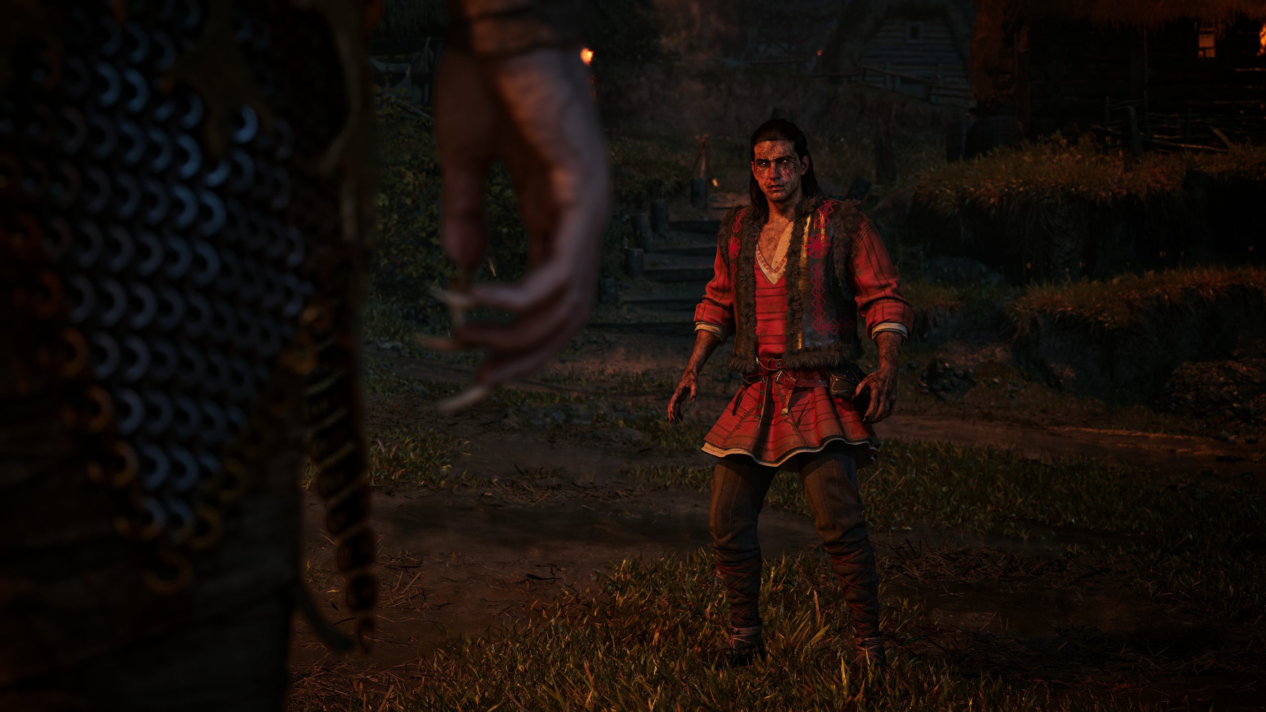 A character in a historical setting confronts another figure in chainmail armor, from the game Witchfire.