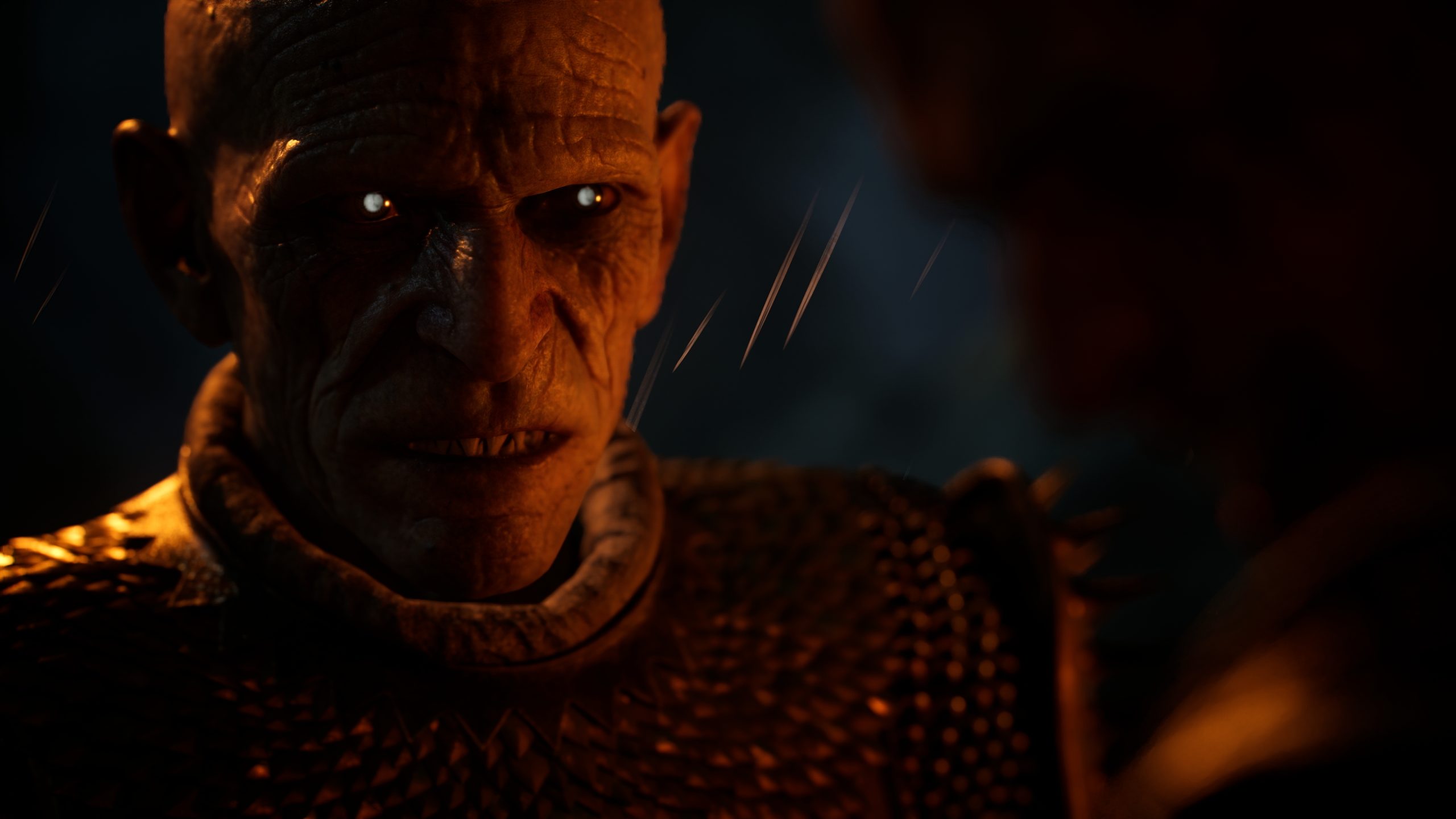 A menacing character from the game 'Baldur's Gate 3' is depicted with detailed facial features and armor, set against a dark, atmospheric background.