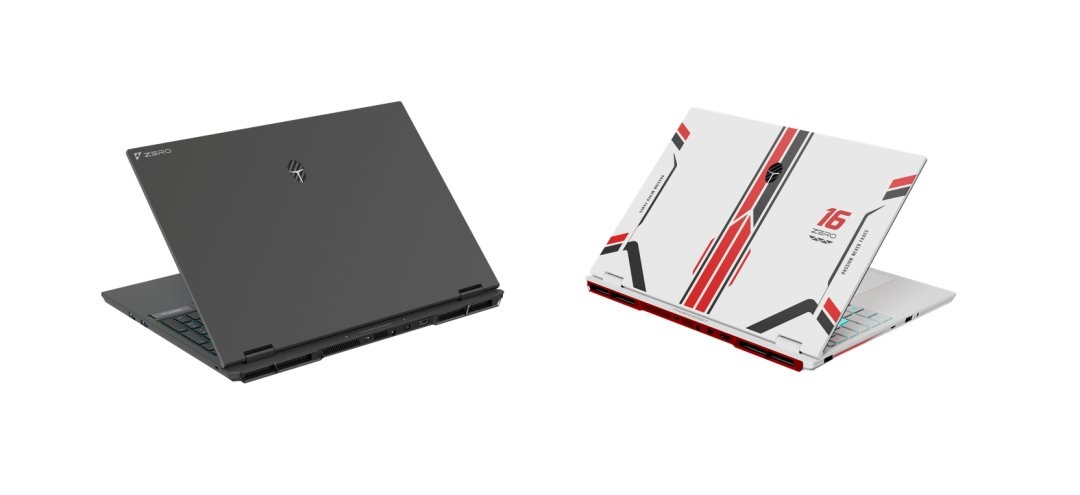 Two Infinity Z5RO laptops side-by-side, with one in a plain black design and the other featuring a white and red accented design labeled 'i6' and 'GALAX XANOVA.'