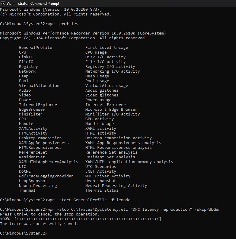 A Windows command prompt showing 'Microsoft Windows Performance Recorder Version 10.0.26100' with a list of performance analysis profiles and a command to start a performance trace.