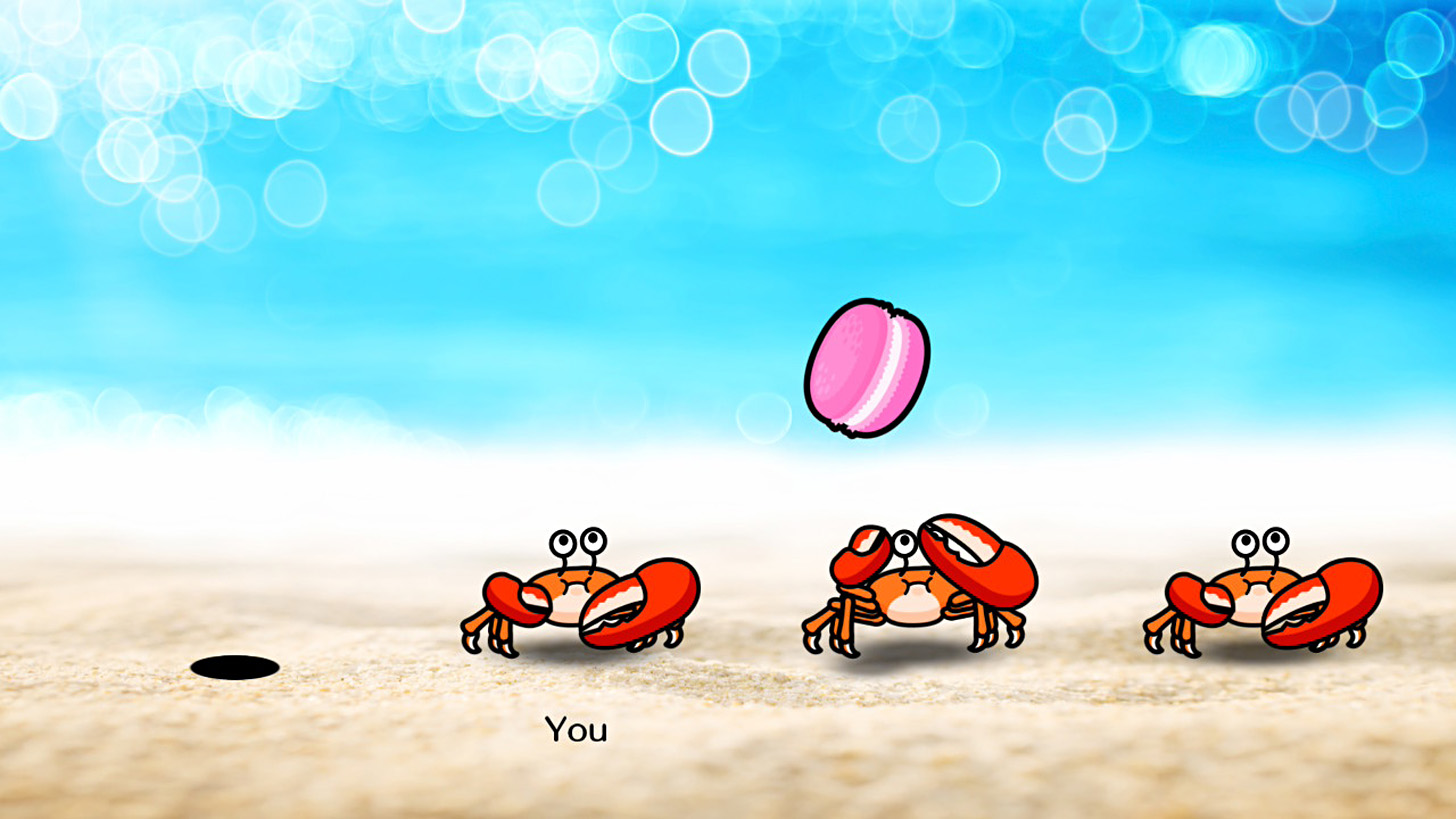 Cartoon crabs on a sandy beach with a pink macaron in mid-air, labeled 'You' under the central crab.