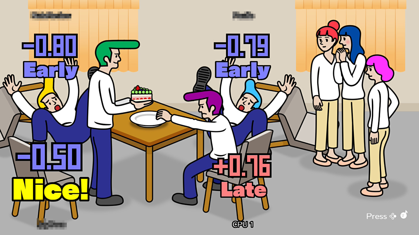 A cartoon scene titled 'CPU 1' shows characters at a dining table with on-screen text 'Nice!' and timing indicators such as '-0.80 Early' and '+0.76 Late.'