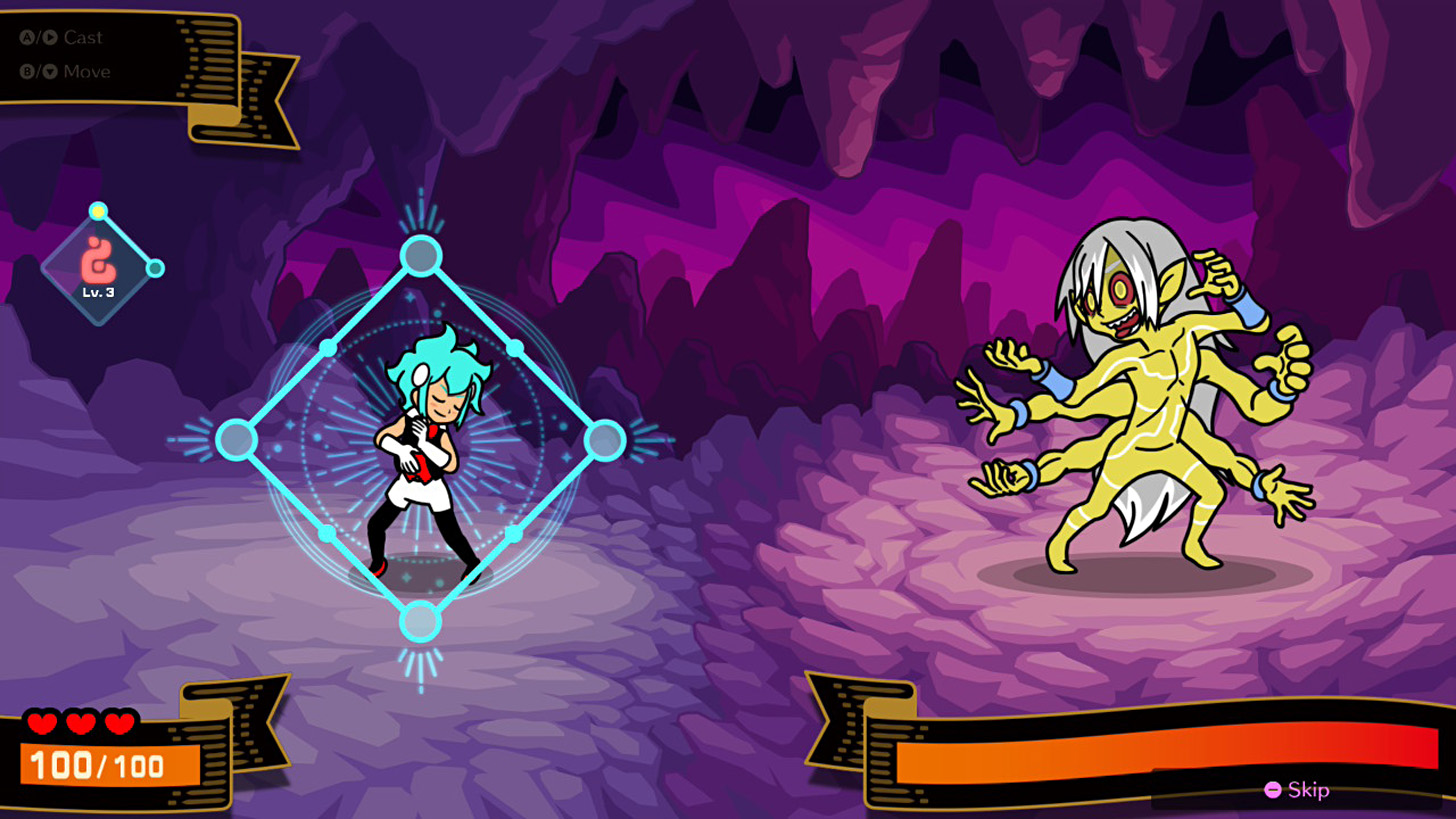 A cartoon-style video game scene shows a blue-haired character facing a multi-armed creature in a cave setting with a 'Lv. 3' symbol and a health bar reading '100/100'.