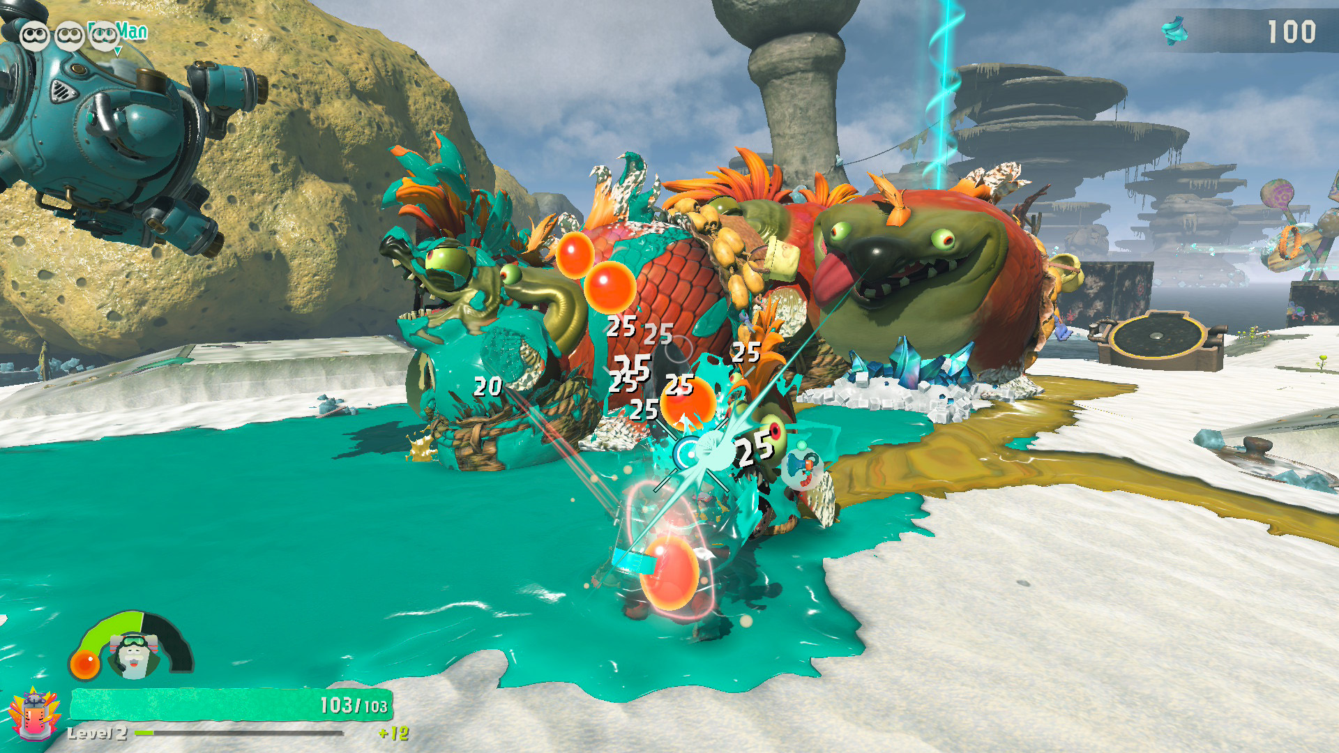 A battle scene from the game Powerwash Simulator featuring characters surrounded by vibrant colors and attacking with numbers like '25' and '20' displayed overhead.