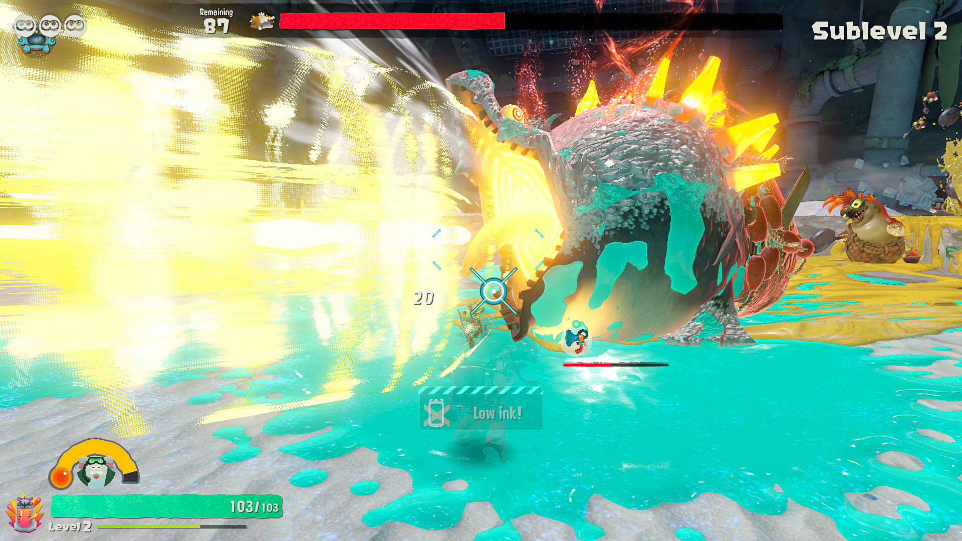 In the game 'Splatoon 3', a player confronts a large, glowing enemy with on-screen text displaying 'Low ink!' and 'Sublevel 2'.